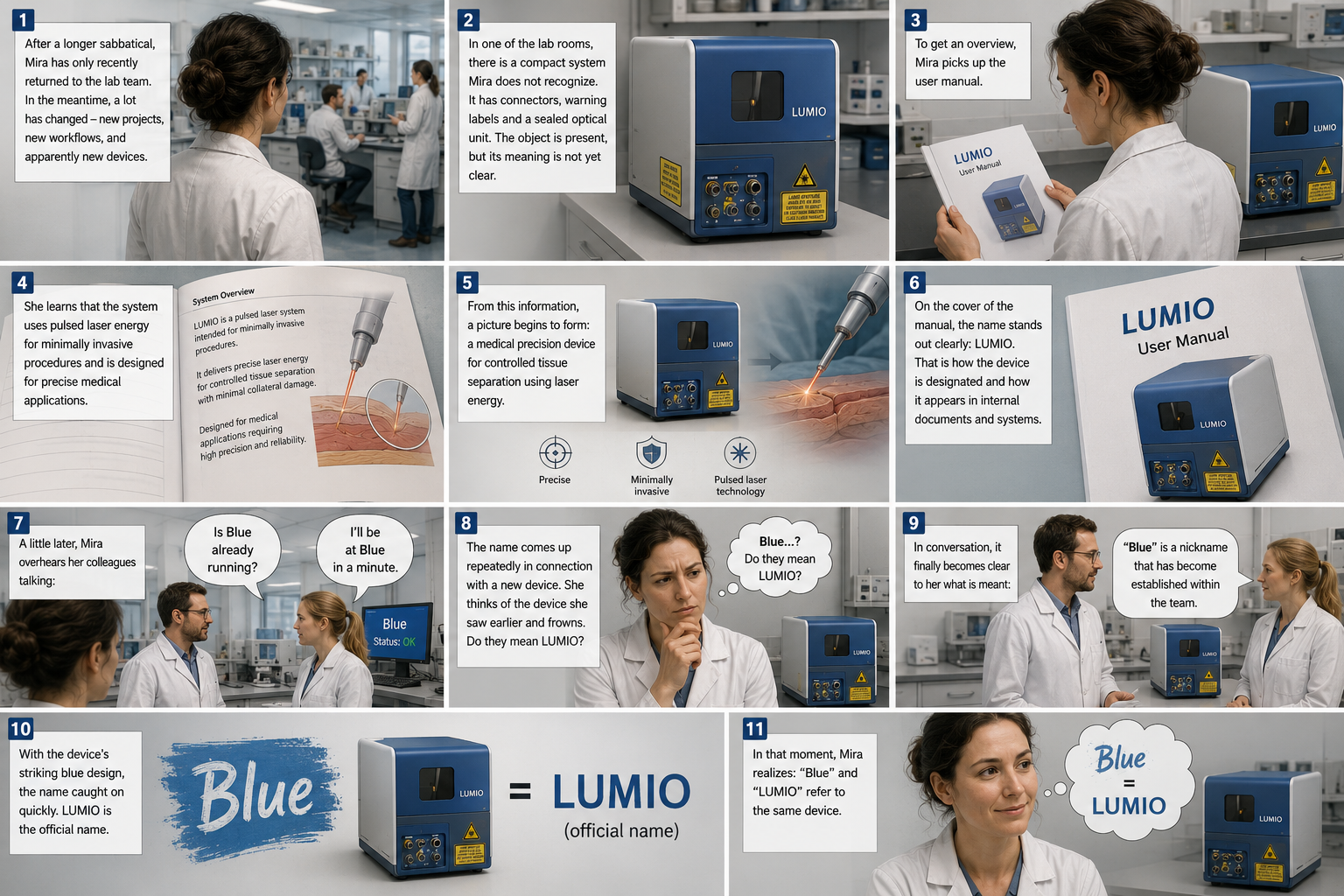Comic illustration showing Mira discovering that LUMIO and Blue refer to the same medical laser device