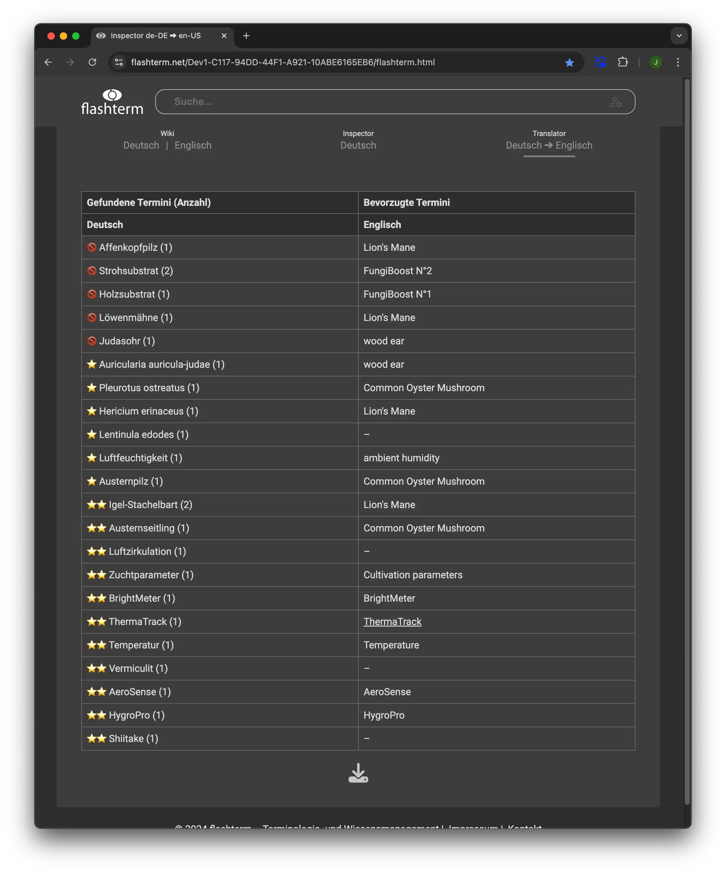 Übersetzungen von Termini im Translator